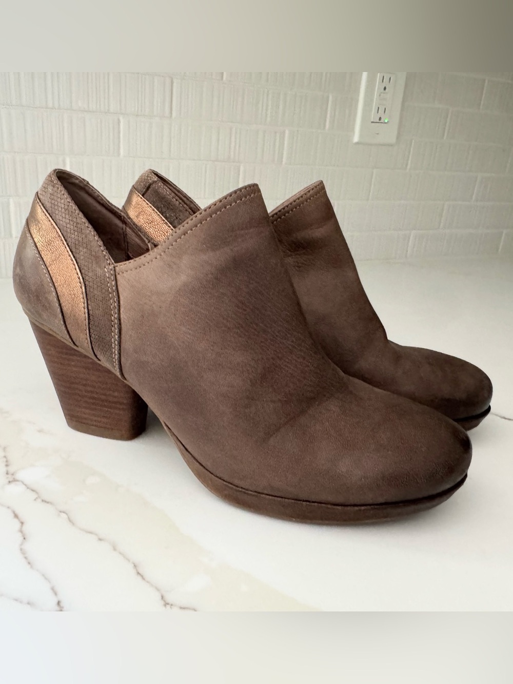 Dansko Taupe Suede Stacked Heel Ankle Booties